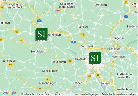 Landkarte mit den beiden Standorten von Stof Immobilien in Laichingen und Ulm – Immobilienmakler im Alb-Donau-Kreis und in der Region Ulm
